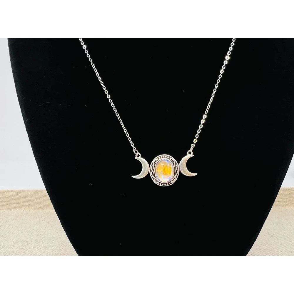 Sterling Silver Triple Moon Goddess Necklace Moonstone Celestial Wiccan Jewelry
